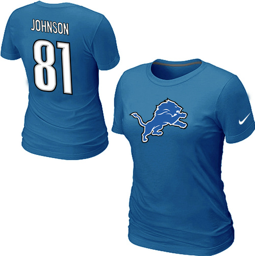 Nike Detroit Lions #81 Calvin Johnson Name & Number Women's NFL T-Shirt - Light Blue